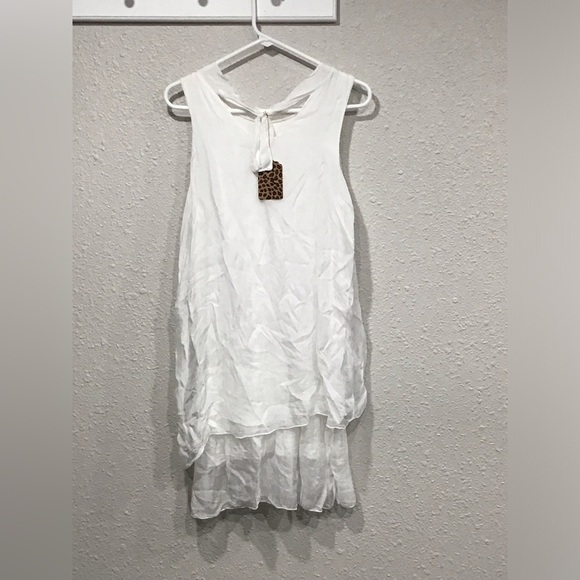 Made in Italy 100% Silk White Tiered Asymmetrical Tank Top Tie Back Accent OS - Picture 4 of 5